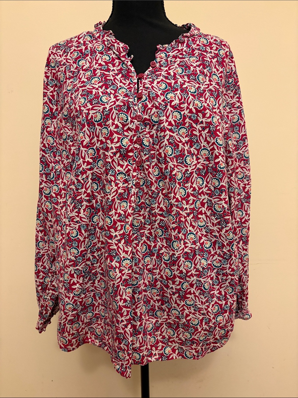 Talbots Scarlet Floral Long Sleeve Top with Ruffle Trim Size 1X